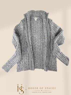 L.L.Bean Cable Knit Sweater Zip Gray Cotton Petite Small Cozy